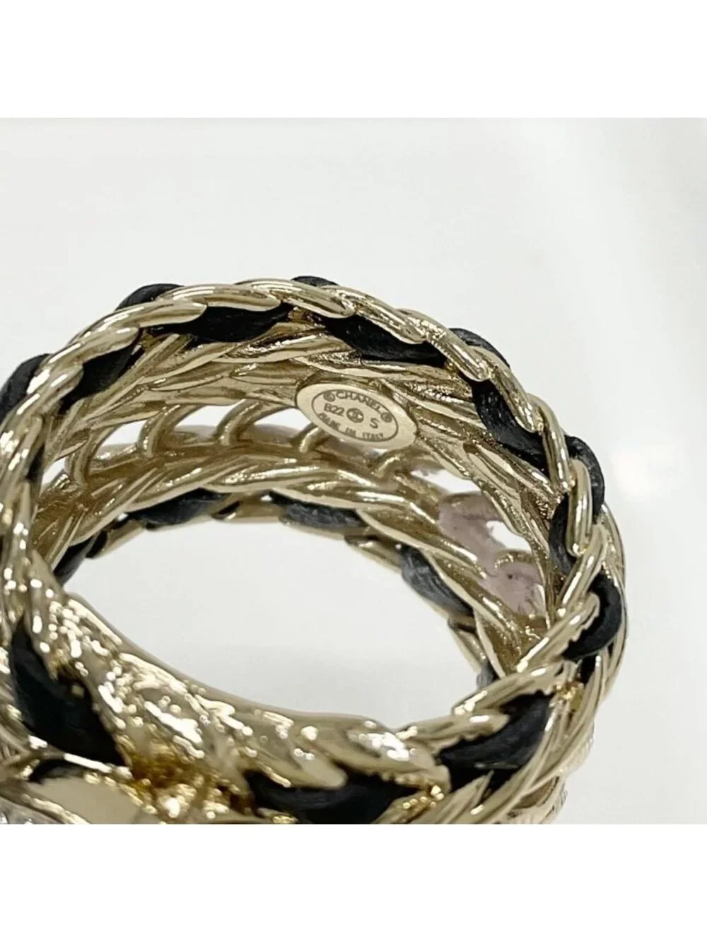 Chanel CC Logo Rhinestone Leather Ring Gold